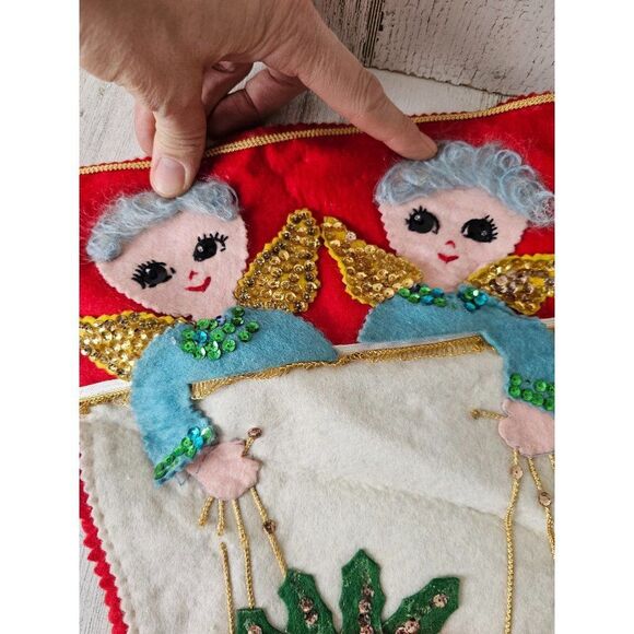 Vintage felt sequin beaded stocking Xmas home decor unique angels   puppet - Picture 8 of 9